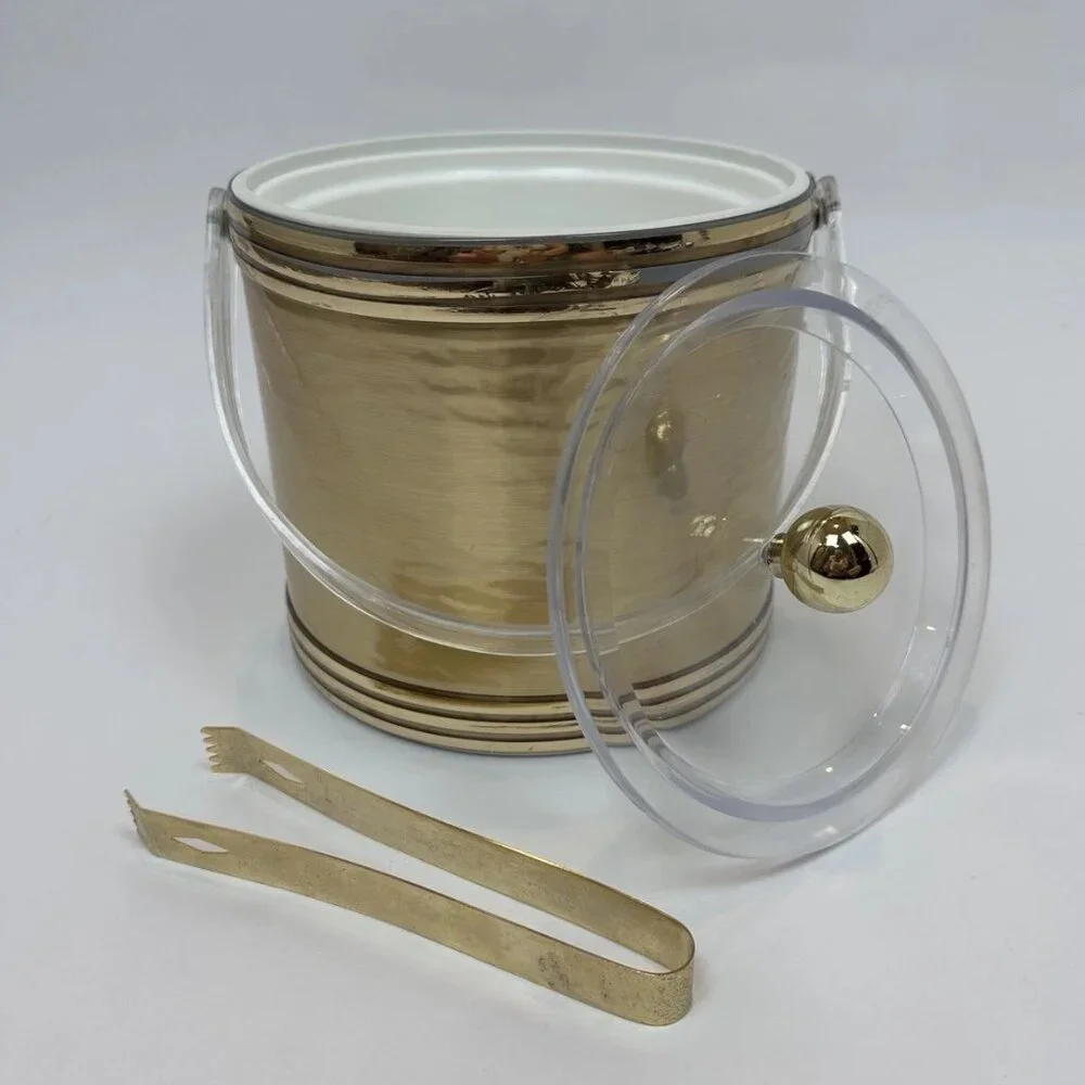 Vintage 1960 Georges Briard Satellite Gold Ice Bucket w/ Lid & Tongs ✨🍸